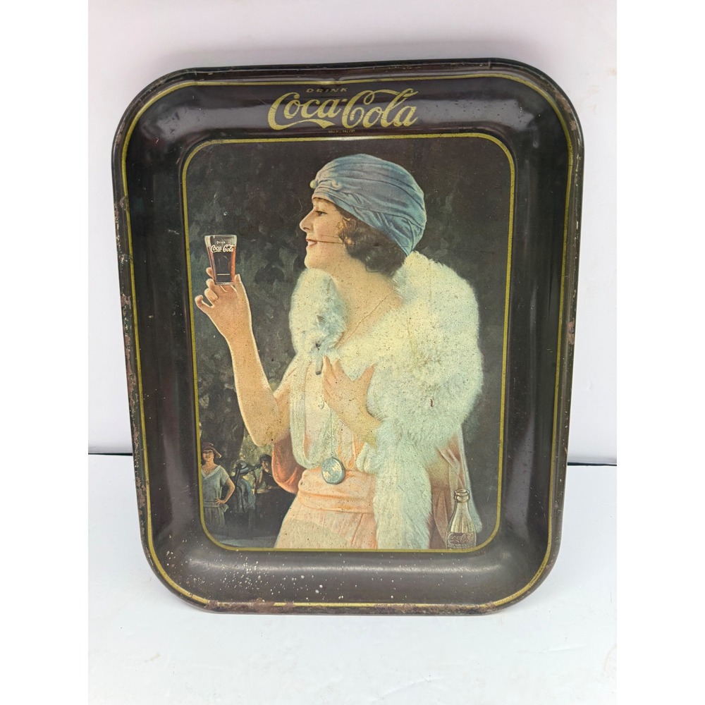 Vintage 1925 Coca-Cola Metal Serving Tray Flapper Girl White Fur Stole Tin Soda
